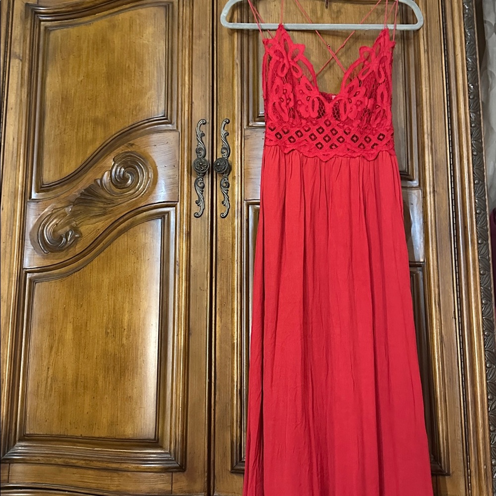 Free People Like New Adella Crochet Lace Ruffle Maxi Slip Full Length Red Dress - Picture 11 of 17